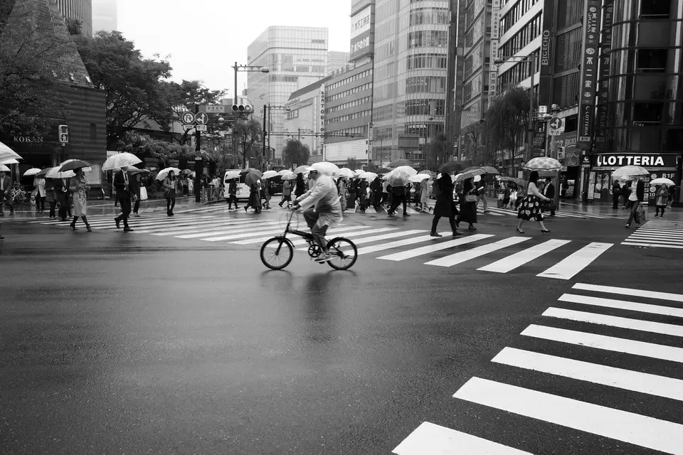 People with umbrellas crossing a street in the rain in Tokyo