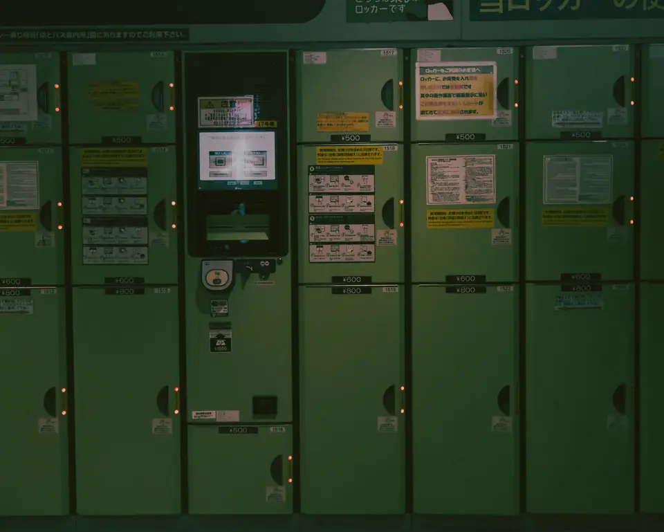 A row of coin lockers in a Kyoto subway station
